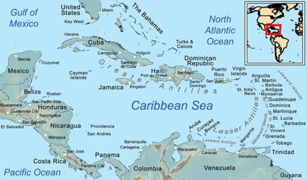 Карта, показывающая район Карибского моря